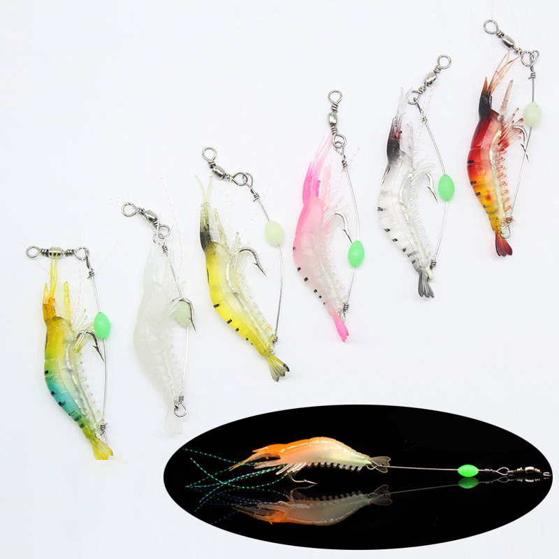 ГиперМол Набор рыболовных светящихся, мягких приманок Glow Shrimp, имитация креветки с крючком, 9 см/6г, 6 шт разноцветные